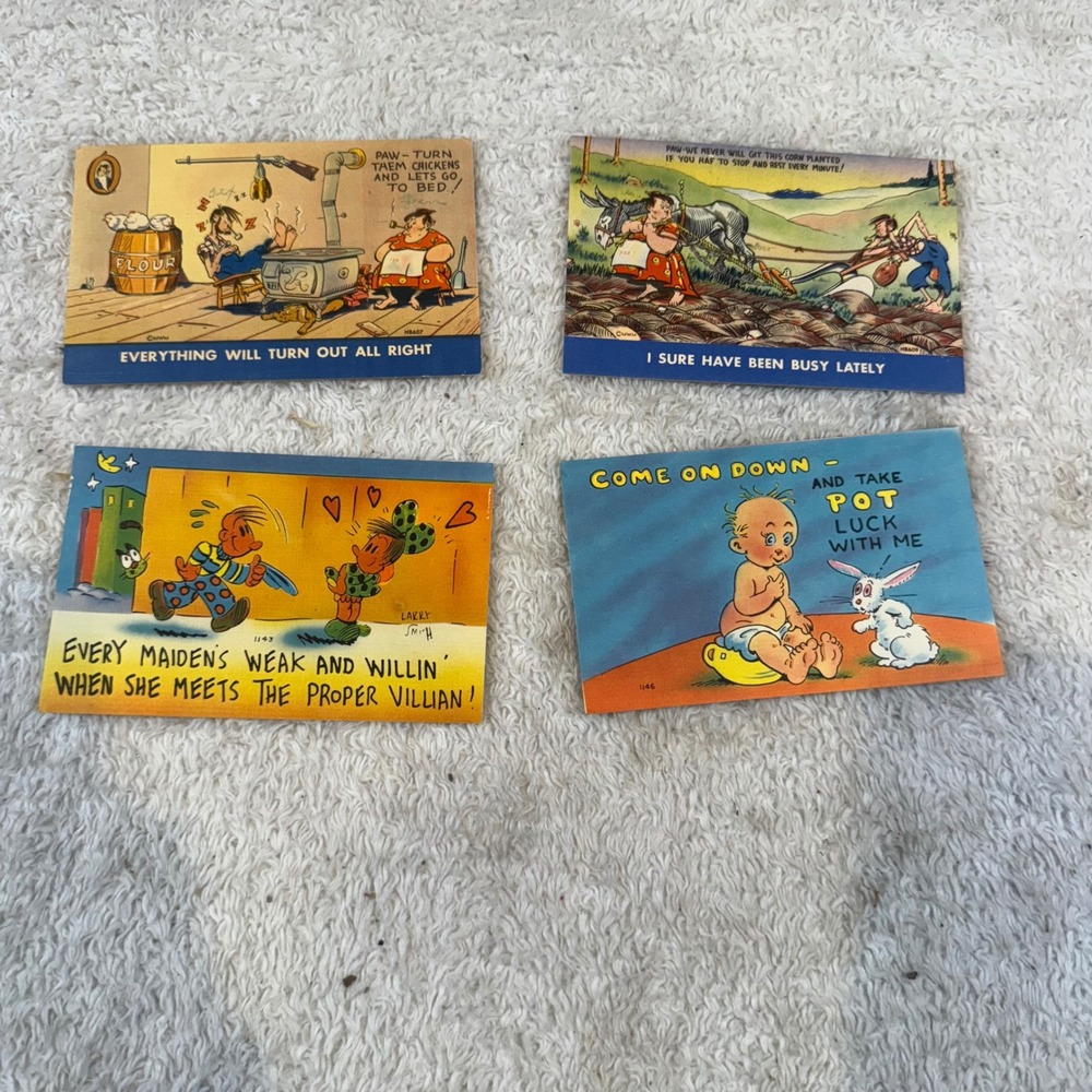 Vintage Comic Postcard Lot 1940s Linen Humorous Hillbilly Pot Luck 4 Cards